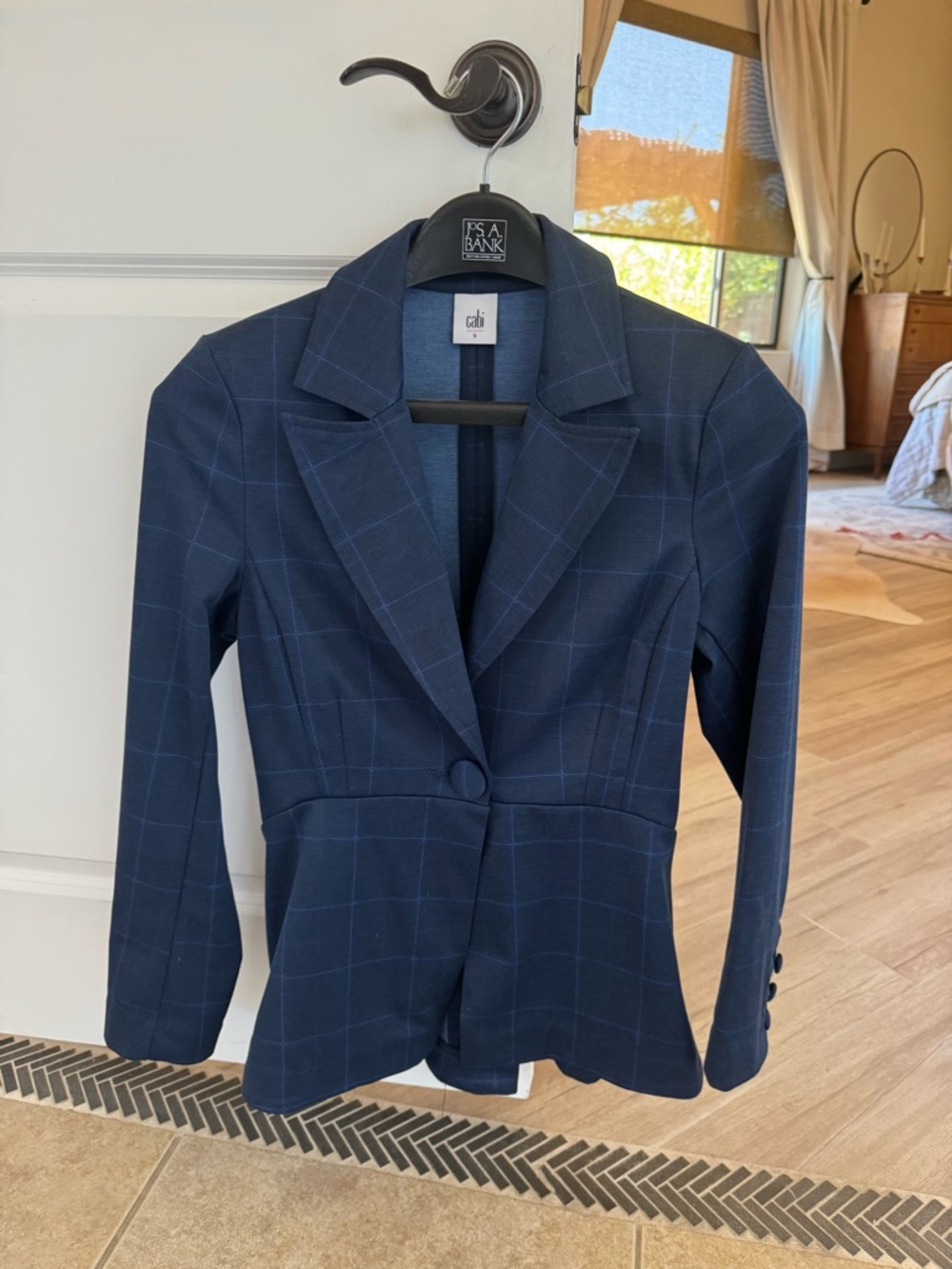 CAbi Navy Windowpane One-Button Blazer with Subtle Blue Check